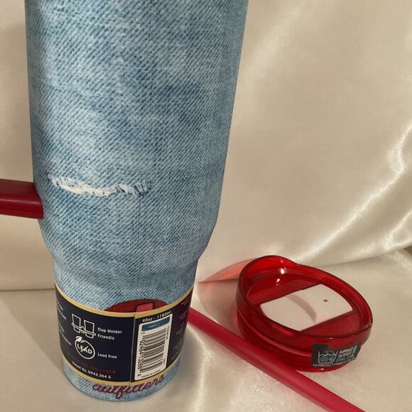 Buc-Ees Denim Design Stainless Steel Tumbler With Handle & Straw 40 Oz Yukon Out - Picture 6 of 8